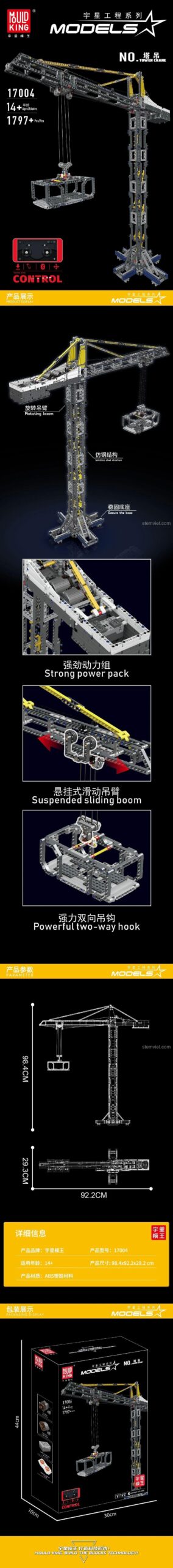 Ảnh quảng cáo chi tiết các tính năng của bộ xếp hình Mould King 17004, bao gồm kích thước 98.4cm và các bộ phận cơ khí.