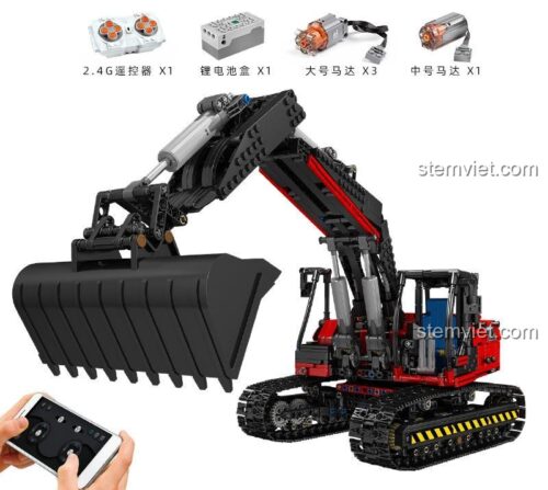 Chi tiết bộ lắp ráp Mould King 17033 Máy xúc điều khiển từ xa, bao gồm động cơ và pin sạc, giá tốt.