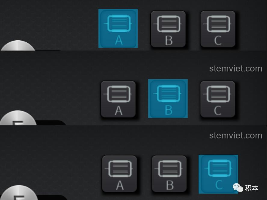 Hướng dẫn chuyển đổi giữa các module A, B, C khi điều khiển nhiều hộp pin Mould King M-0019 cùng lúc.