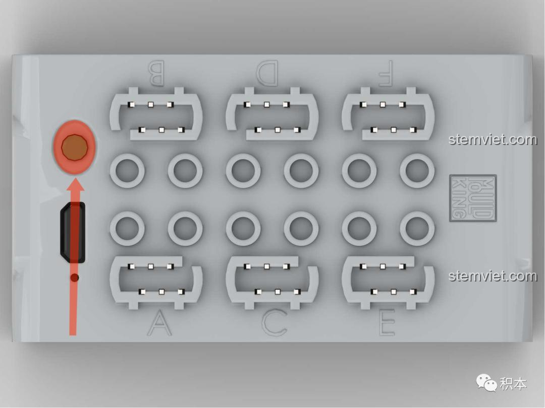 Hướng dẫn sạc pin cho hộp pin Mould King M-0019, sử dụng cổng micro-USB.