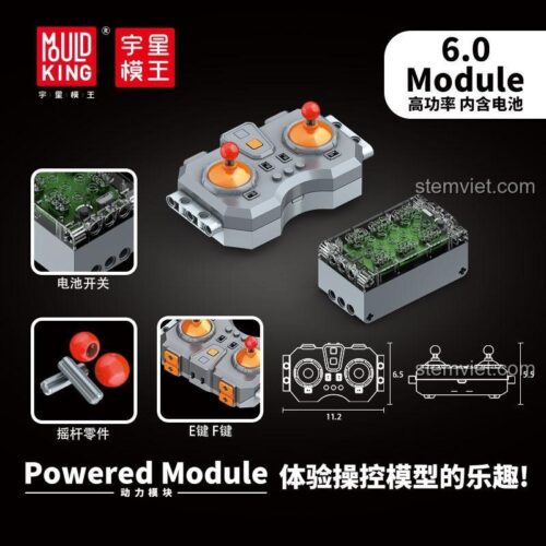 Ảnh quảng cáo bộ nguồn 6 kênh Mould King M-0019 với kích thước chi tiết của tay cầm và hộp pin, một bộ điều khiển giá tốt.
