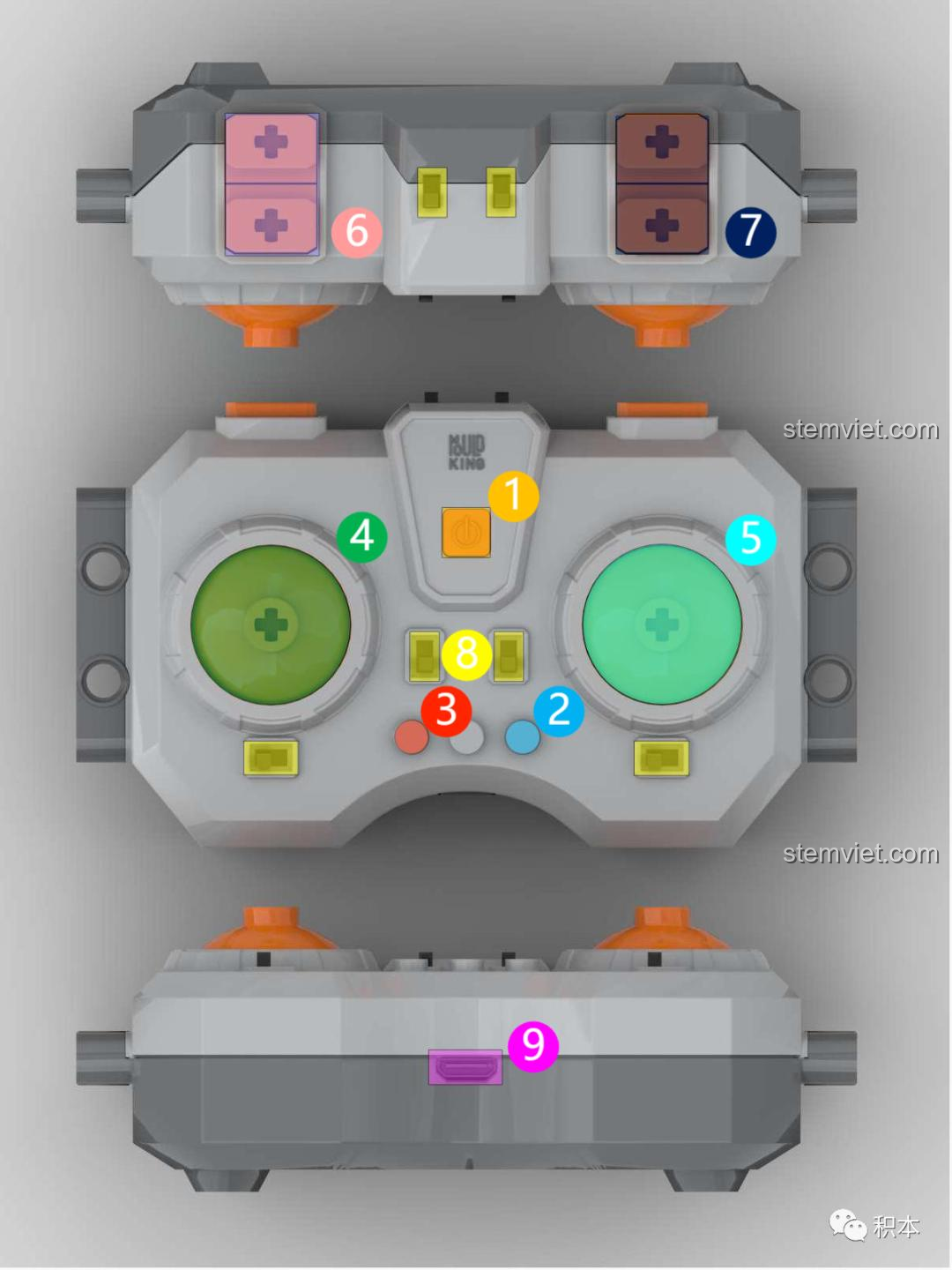 Sơ đồ chức năng chi tiết của tay cầm điều khiển Mould King M-0019, giải thích các nút bấm và cần gạt.