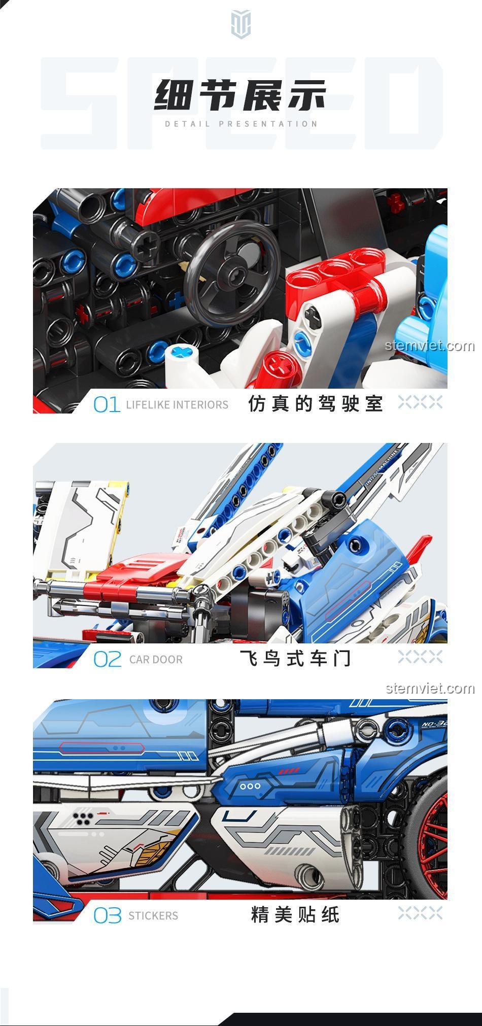 Các chi tiết nổi bật của Xe đua Apollo Evo MOYU BLOCK MY88320A: nội thất, cửa cánh chim, sticker.