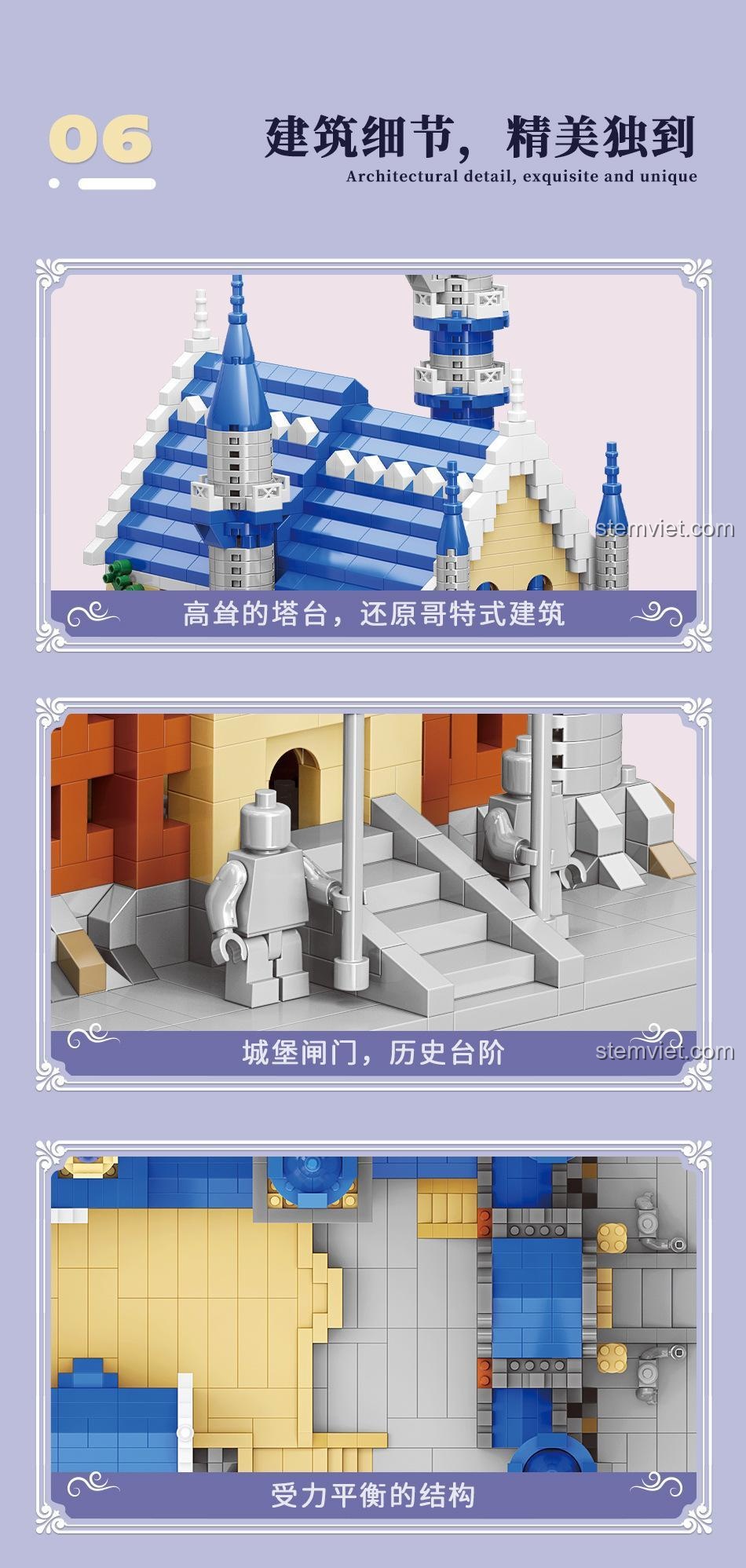 Lâu đài Neuschwanstein MOYU BLOCK MY92041 với chi tiết kiến trúc tinh xảo, tái hiện tháp Gothic và cầu thang lịch sử