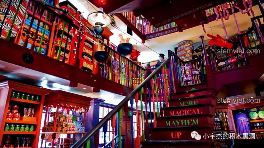 Hình ảnh tham khảo Cửa hàng Phù thủy Ranh mãnh của Weasley trong phim Harry Potter, đầy màu sắc và sống động.