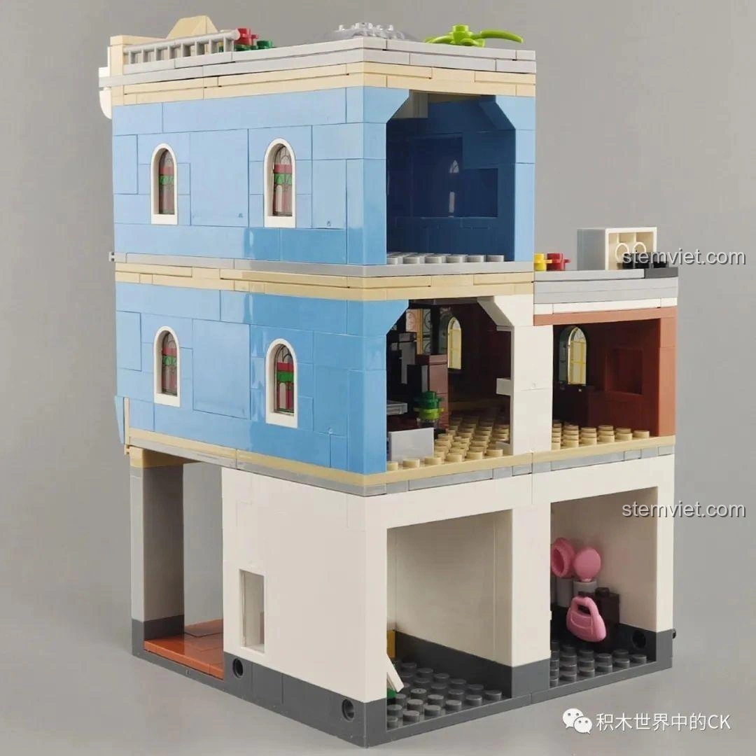 Mô hình WOMA C0336 Phố Cổ Kiến Trúc Qilou được mở ra, hiển thị không gian nội thất bên trong.