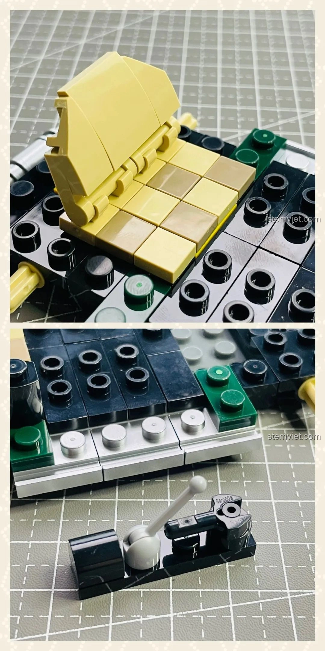 Lắp đặt ghế ngồi và cần số bên trong mô hình xe MINI Camper Power Block PB8804, chi tiết nội thất đang dần hoàn thiện.