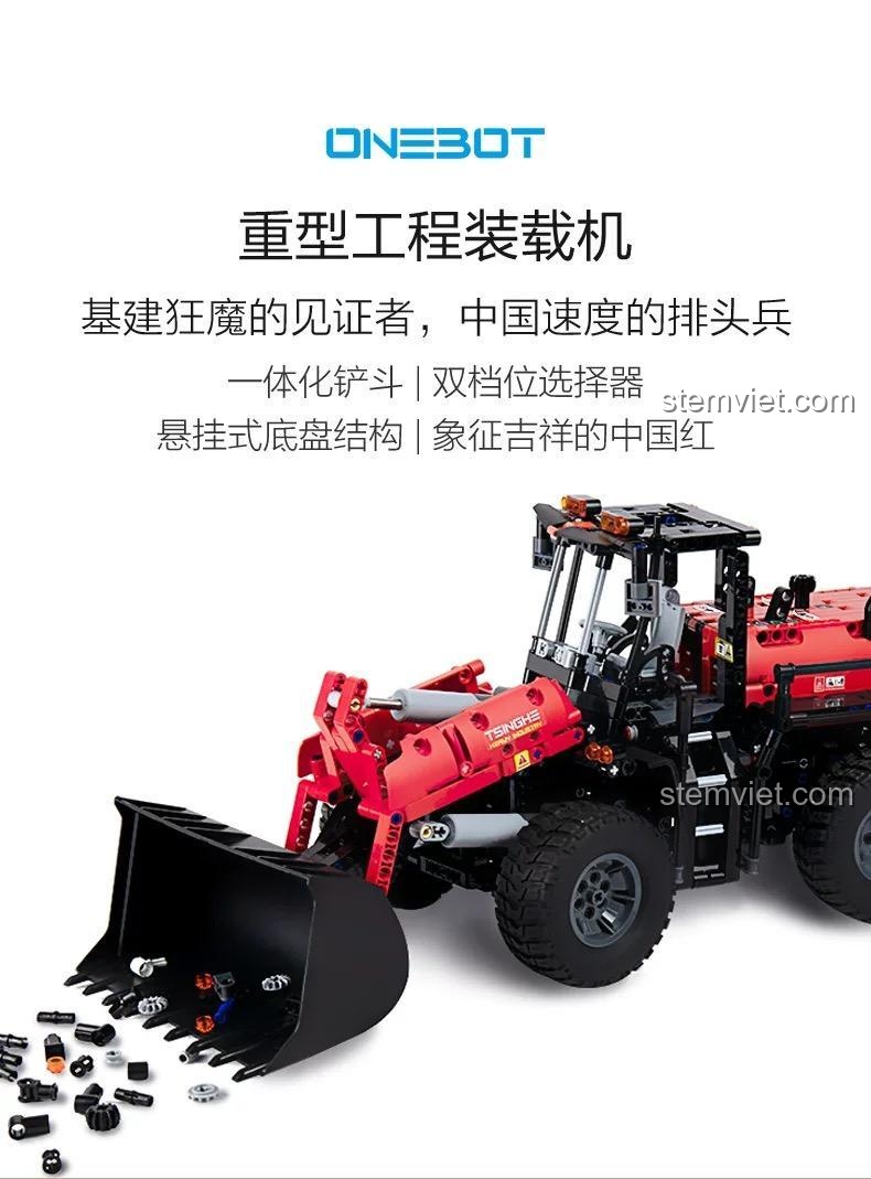 Hộp sản phẩm bộ lắp ghép ONEBOT OBZZJ01AIQI Xe xúc lật công trình, nổi bật với thiết kế gầu xúc liền khối và hệ thống lái khớp nối, món quà giá trị cho bé trai 14 tuổi.