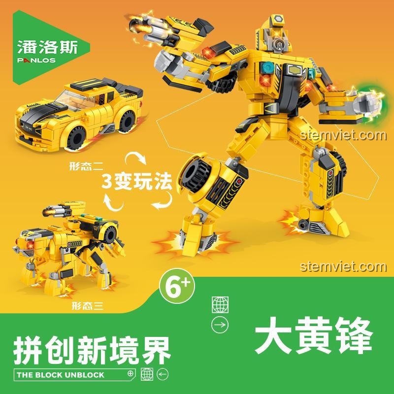 Hộp bộ lắp ghép Bumblebee Panlos Brick 626006 với khả năng biến hình 3 dạng, đồ chơi robot cho bé trai 6 tuổi, giá tiết kiệm.