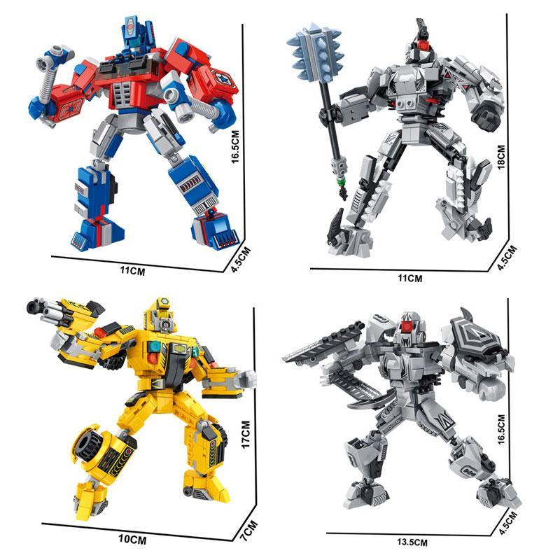 Kích thước chi tiết bộ 4 robot biến hình Panlos Brick 626006, bao gồm Optimus Prime, Bumblebee, Grimlock, Megatron, phù hợp cho bé trai 6 tuổi, đồ chơi lắp ráp giá tốt.
