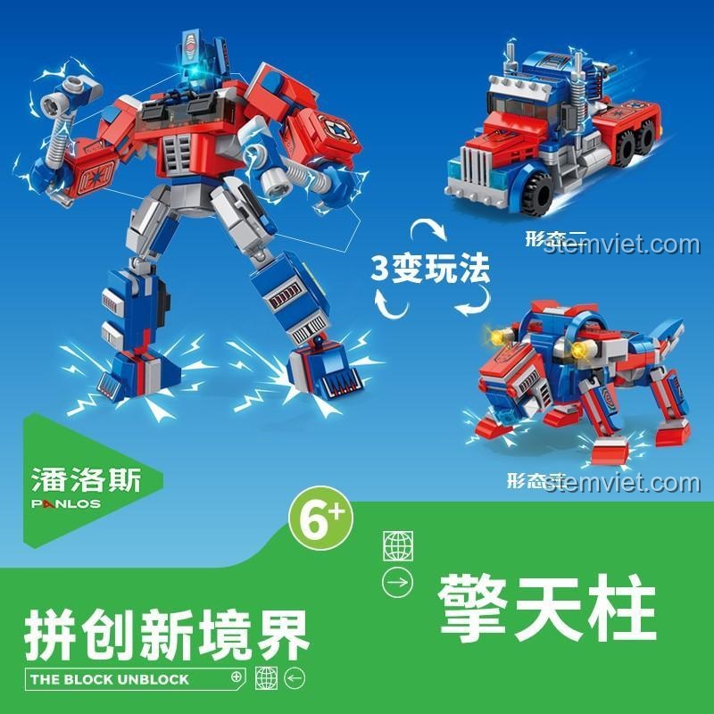 Hộp bộ đồ chơi lắp ghép Optimus Prime Panlos Brick 626006 với 3 dạng biến hình, đồ chơi mô hình cho bé trai 6 tuổi, chất lượng cao.