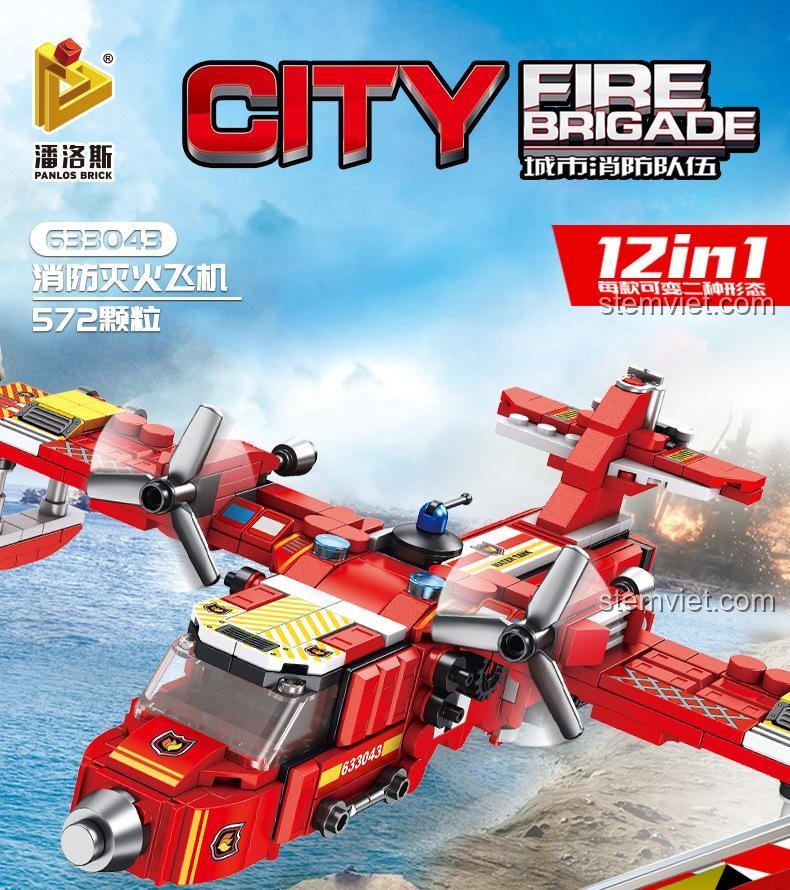 Mô hình hoàn thiện của bộ lắp ráp Máy bay chữa cháy Panlos Brick 633043, một món đồ chơi sáng tạo cho bé trai 6 tuổi.