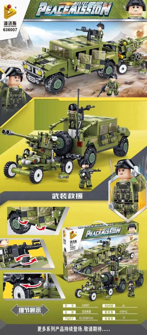 Bộ lắp ráp xe Jeep quân sự kéo pháo Panlos Brick 636007, đồ chơi mô hình xe chiến đấu địa hình cho bé trai 6 tuổi, giá rẻ.