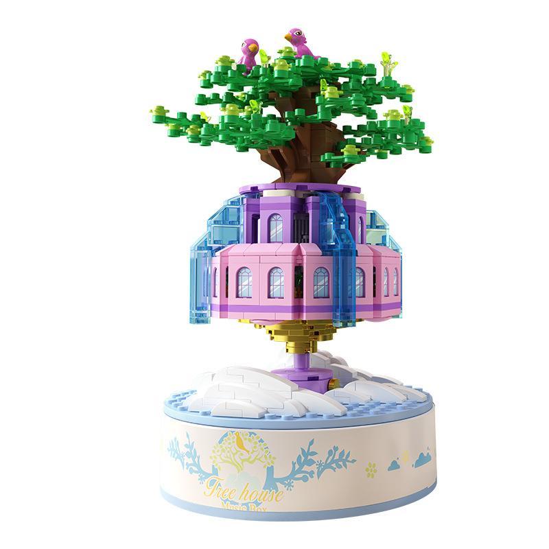 bộ đồ chơi Hộp nhạc thành phố bay Panlos Brick cho con gái 6 tuổi, mô hình hộp nhạc cây giá tốt, đồ chơi lắp ráp Hộp nhạc lâu đài trên cây
