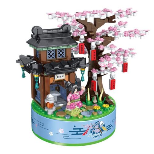 Mô hình Hộp nhạc cây anh đào Panlos Brick 656015 với cô gái mặc kimono, dành cho bé gái 10 tuổi.