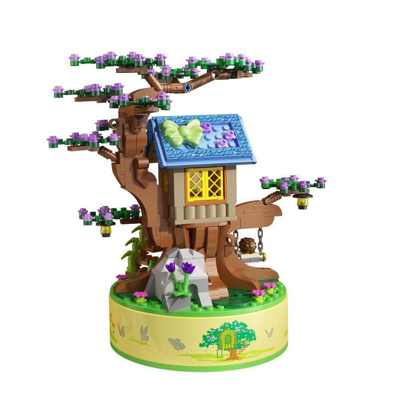 Mô hình hoàn thiện của bộ lắp ráp hộp nhạc ngôi nhà trên cây Panlos Brick 656017, món quà sáng tạo cho bé gái 6 tuổi.