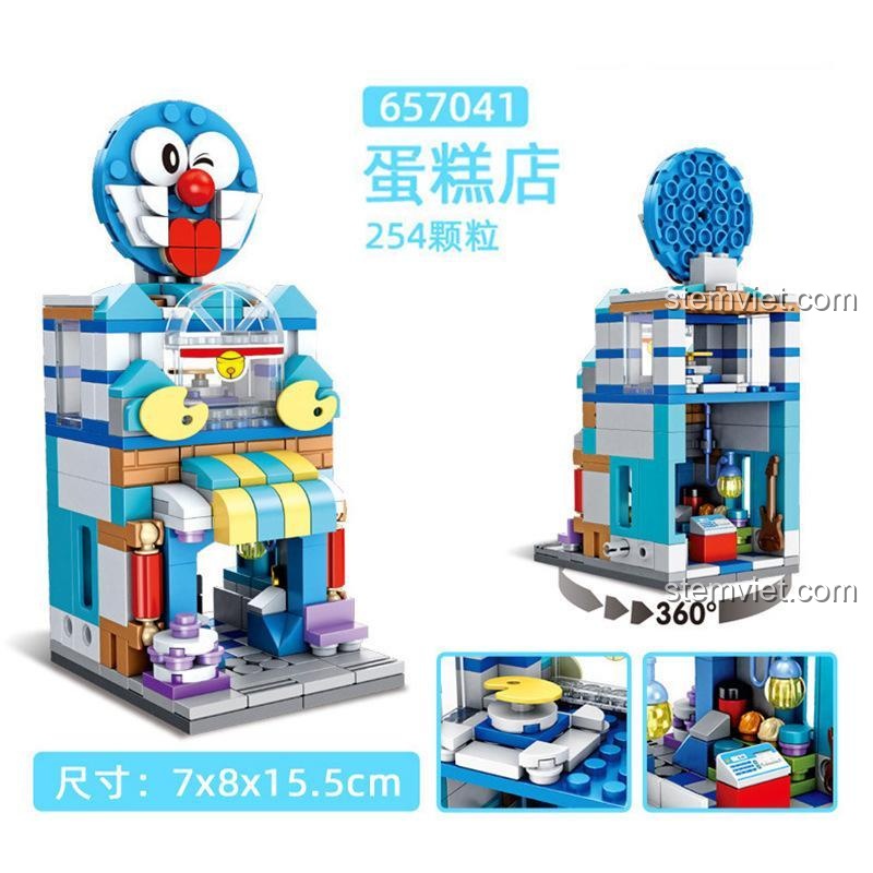 Ảnh giới thiệu đồ chơi mô hình Tiệm Bánh Doraemon 657041 với các chi tiết và kích thước 7x8x15.5cm.