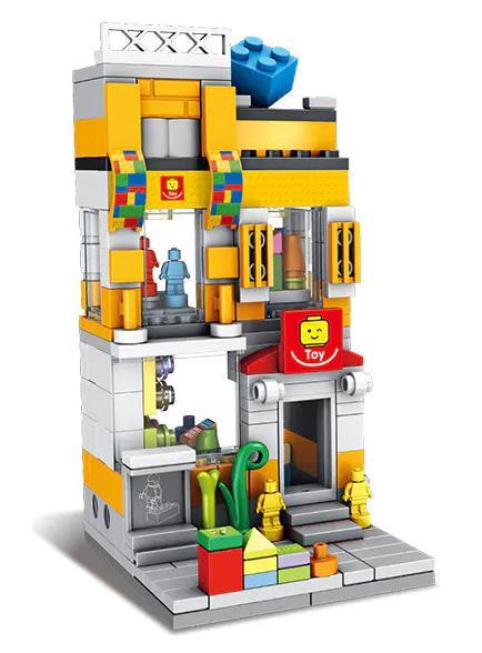 Thông tin chi tiết bộ lắp ghép Tiệm Đồ Chơi thu nhỏ 657046 của Panlos Brick, bao gồm 269 chi tiết và kích thước 7x8x13.5cm.