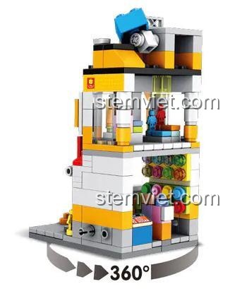 Khám phá nội thất chi tiết bên trong bộ đồ chơi Cửa Hàng Đồ Chơi Mini Panlos Brick với góc nhìn 360 độ.