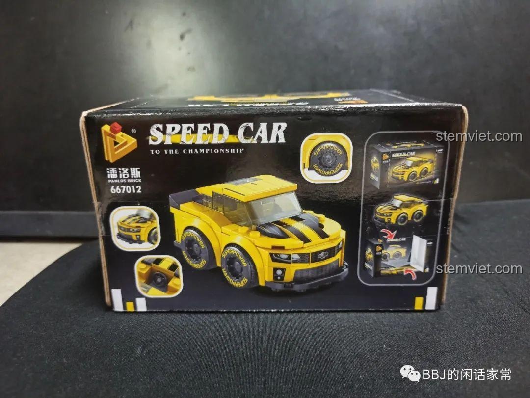 Hộp sản phẩm bộ lắp ráp Panlos Brick 667012 Xe Chevrolet Camaro Q-version màu vàng đen, nổi bật với thiết kế xe chibi và thông tin 112 mảnh ghép, phù hợp bé trai 6+.