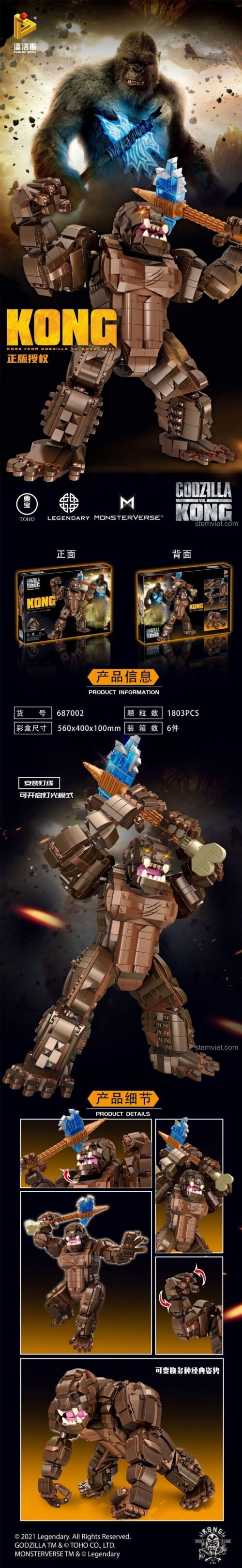 Chi tiết mô hình King Kong Panlos Brick 687002 với 1803 mảnh, đồ chơi mô hình Vua Kong giá rẻ.