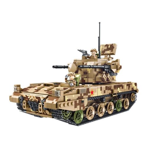 Ảnh chụp chính diện bộ lắp ráp Pháo Tự Hành Phòng Không Type 09 Panlos Brick 688006 với hai minifigure đang ngồi trong khoang lái và trên tháp pháo.