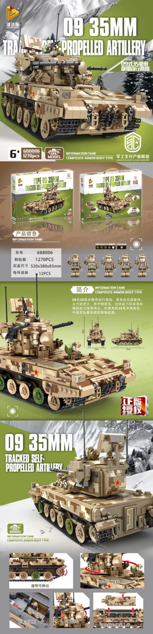 Poster quảng cáo chi tiết của đồ chơi mô hình Panlos Brick 688006, thể hiện kích thước hộp, kích thước mô hình, số lượng chi tiết và các góc chụp khác nhau của Pháo Phòng Không Tự Hành Type 09.