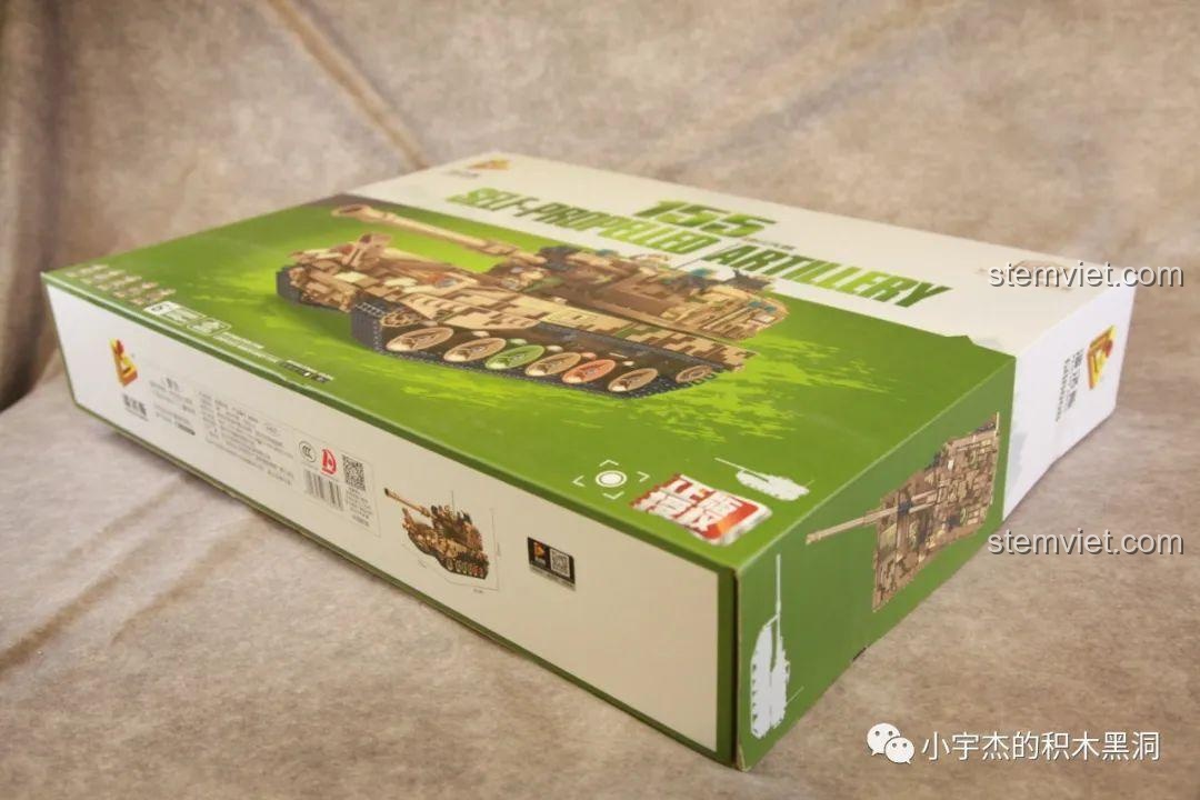 Mặt sau hộp bộ đồ chơi Pháo Tự Hành 155mm Panlos Brick 688008, hiển thị các góc nhìn khác nhau của mô hình.