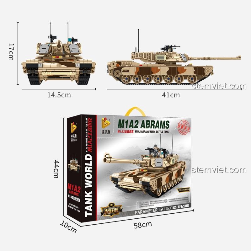 Xe Tăng Chiến Đấu Chủ Lực M1A2 2010 Mô Hình Xe Tăng M1A2 Abrams PanlosBrick, ảnh thể hiện kích thước mô hình và hộp sản phẩm