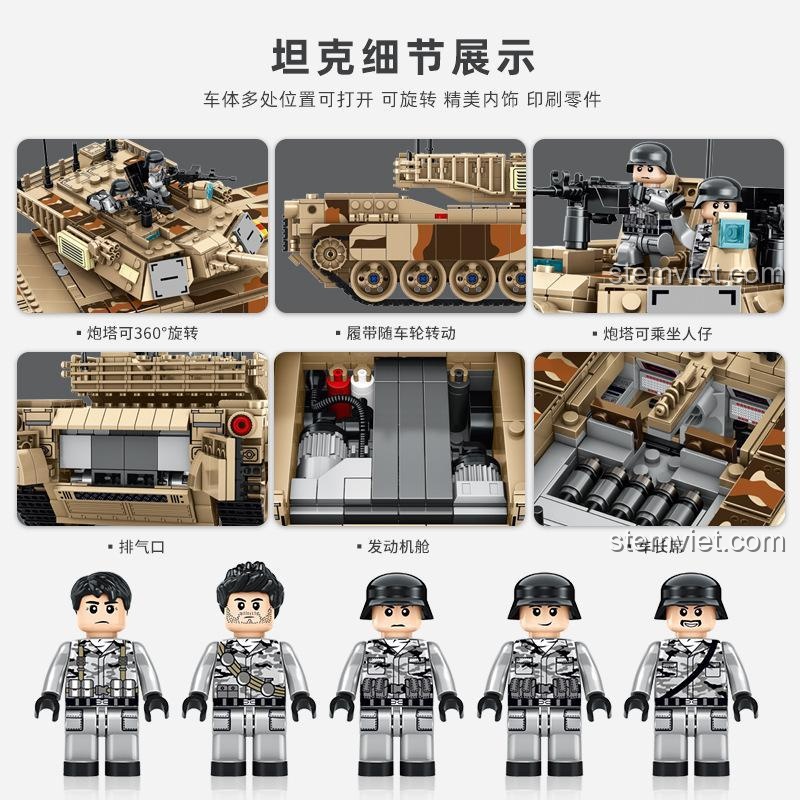 đồ chơi mô hình PanlosBrick632010 bộ khối lắp ghép Xe Tăng M1A2 Abrams, chi tiết nội thất tháp pháo và khoang động cơ
