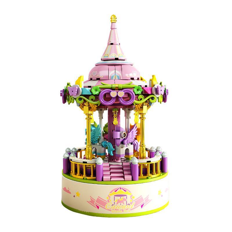 Bộ lắp ghép Hộp nhạc xoay ngựa gỗ PanlosBrick 656009 màu hồng tím vàng, mô hình ngựa gỗ xoay tinh xảo, đồ chơi lắp ráp cho bé gái 6 tuổi, giá tốt.