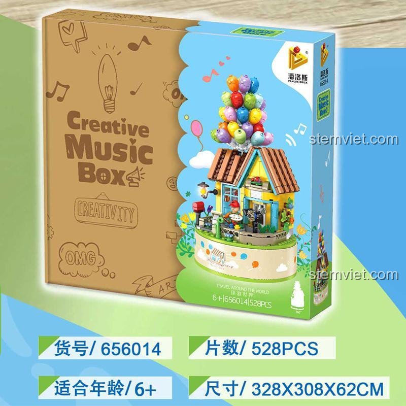 Hộp nhạc ngôi nhà khinh khí cầu PanlosBrick 656014, hộp sản phẩm hiển thị số chi tiết 528 mảnh, kích thước hộp 32.8x30.8x6.2cm, đồ chơi giáo dục cho bé gái 6 tuổi