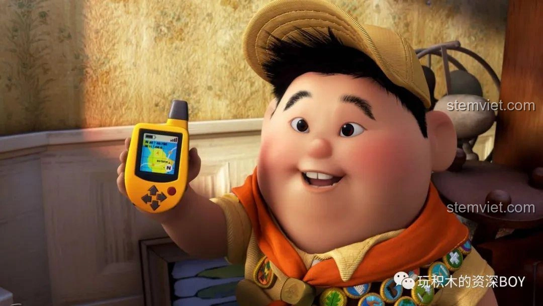 Hình ảnh nhân vật Russell từ bộ phim hoạt hình Up, liên tưởng đến chủ đề khinh khí cầu của bộ lắp ráp.