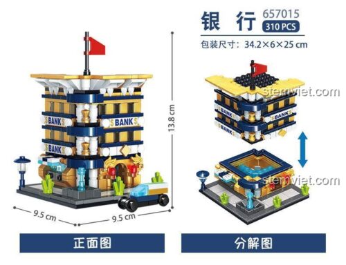 Hộp đồ chơi lắp ráp PanlosBrick 657015 Ngân hàng Phố Thị, hiển thị kích thước hộp 34.2x6x25cm và 310 mảnh ghép, mô hình ngân hàng chi tiết, đồ chơi xây dựng giá rẻ cho bé 6+.
