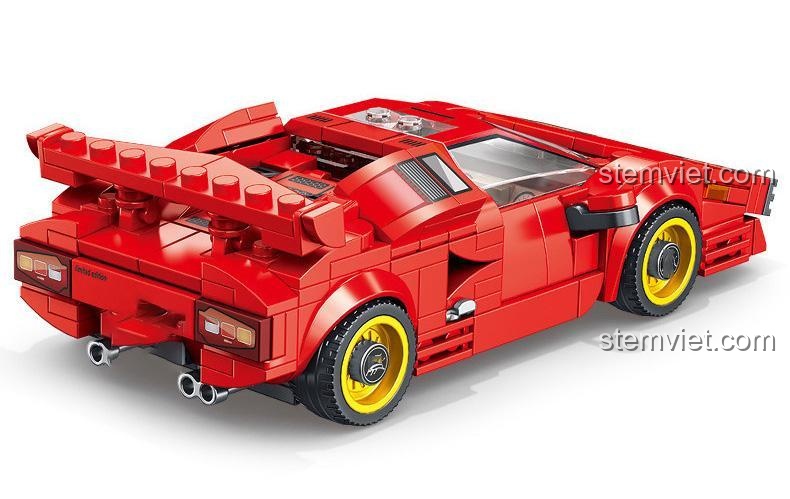 Mô hình Siêu xe Lamborghini Countach PanlosBrick 666022 màu đỏ, góc nhìn chéo phía sau, đồ chơi mô hình cho bé trai.