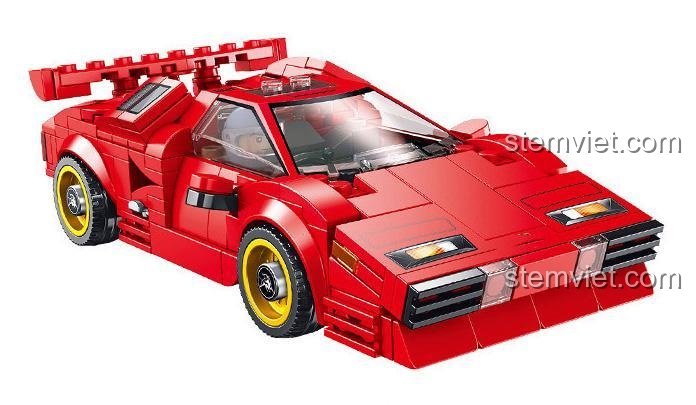 Mô hình Lamborghini Countach PanlosBrick 666022 màu đỏ, góc nhìn chéo phía trước, đồ chơi lắp ráp chất lượng cao.