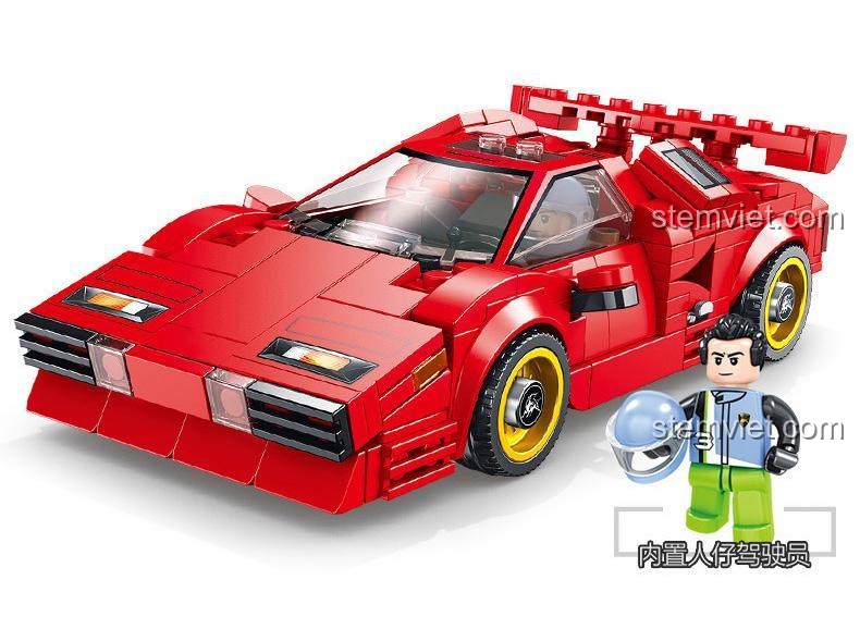 Bộ đồ chơi Lamborghini Countach PanlosBrick 666022 kèm minifigure, đồ chơi lắp ráp siêu xe đỏ, phù hợp bé trai 6 tuổi.