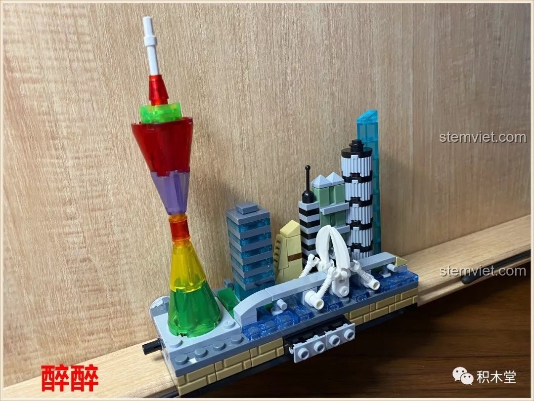 Tháp Quảng Châu rực rỡ sắc màu và cầu Liede là điểm nhấn của mô hình đồ chơi lắp ráp PanlosBrick Thành phố thu nhỏ Quảng Châu.