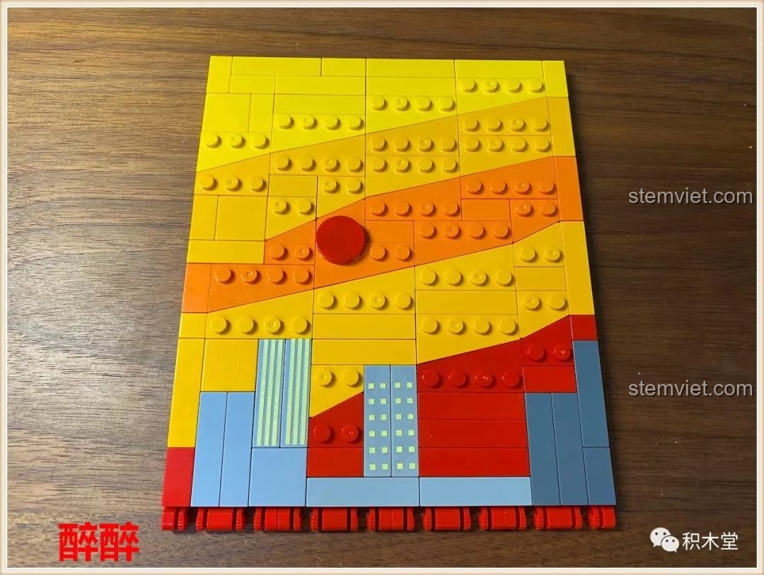 Phần nền trời của đồ chơi lắp ráp PanlosBrick Thành phố thu nhỏ Quảng Châu với tông màu cam vàng rực rỡ, tượng trưng cho sự nóng bức.