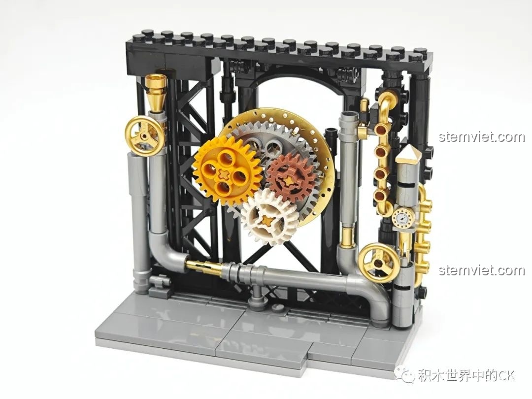 Cấu trúc bánh răng phức tạp bên trong bộ Ga Tàu Hơi Nước Phong Cách Steampunk Pantasy 85007, thể hiện yếu tố Steampunk.