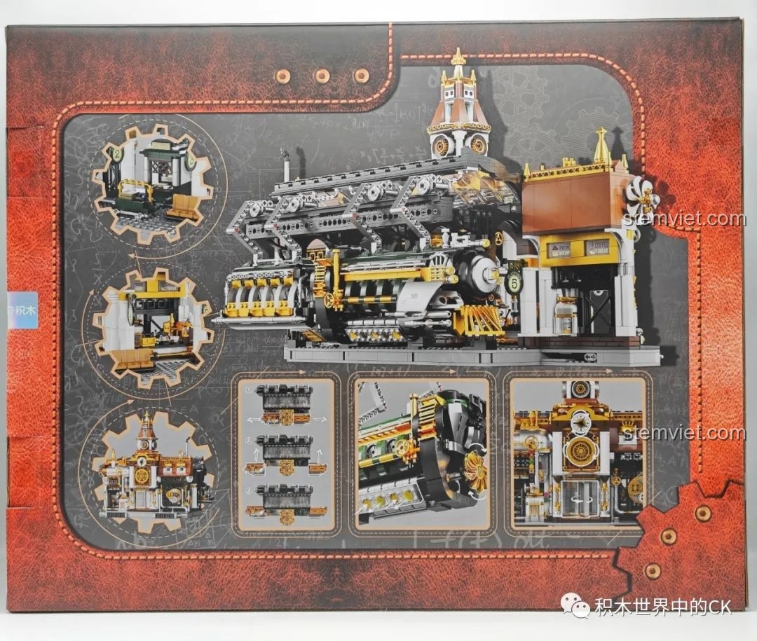 Mặt sau hộp đồ chơi lắp ráp Ga Tàu Hơi Nước Phong Cách Steampunk Pantasy 85007 hiển thị các chi tiết và tính năng độc đáo của mô hình.