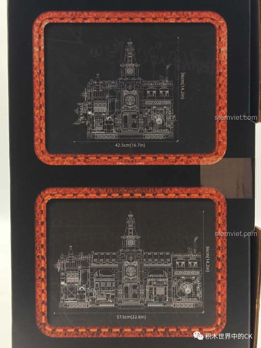 Kích thước mô hình Ga Tàu Hơi Nước Phong Cách Steampunk Pantasy 85007 được in rõ trên hộp, cho thấy sự hoành tráng của bộ lắp ráp.