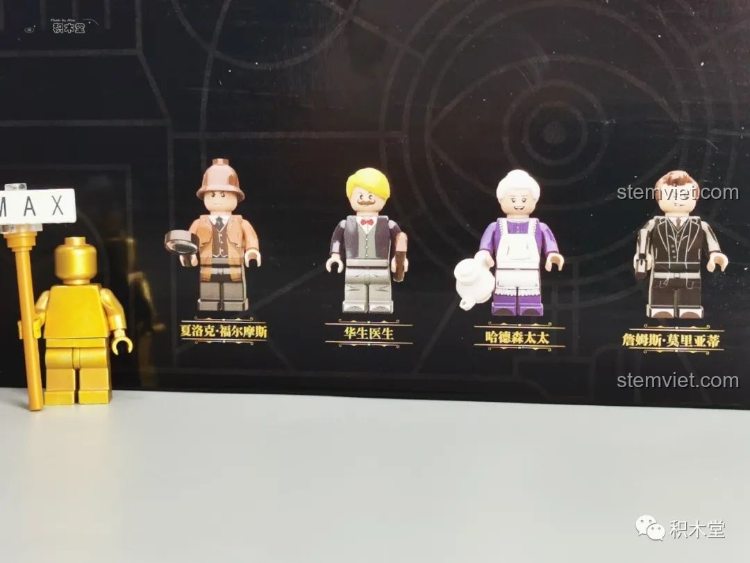 Các nhân vật minifigure trong bộ lắp ráp Pantasy 86218, bao gồm Sherlock Holmes, Dr. Watson, Mrs. Hudson và James Moriarty.