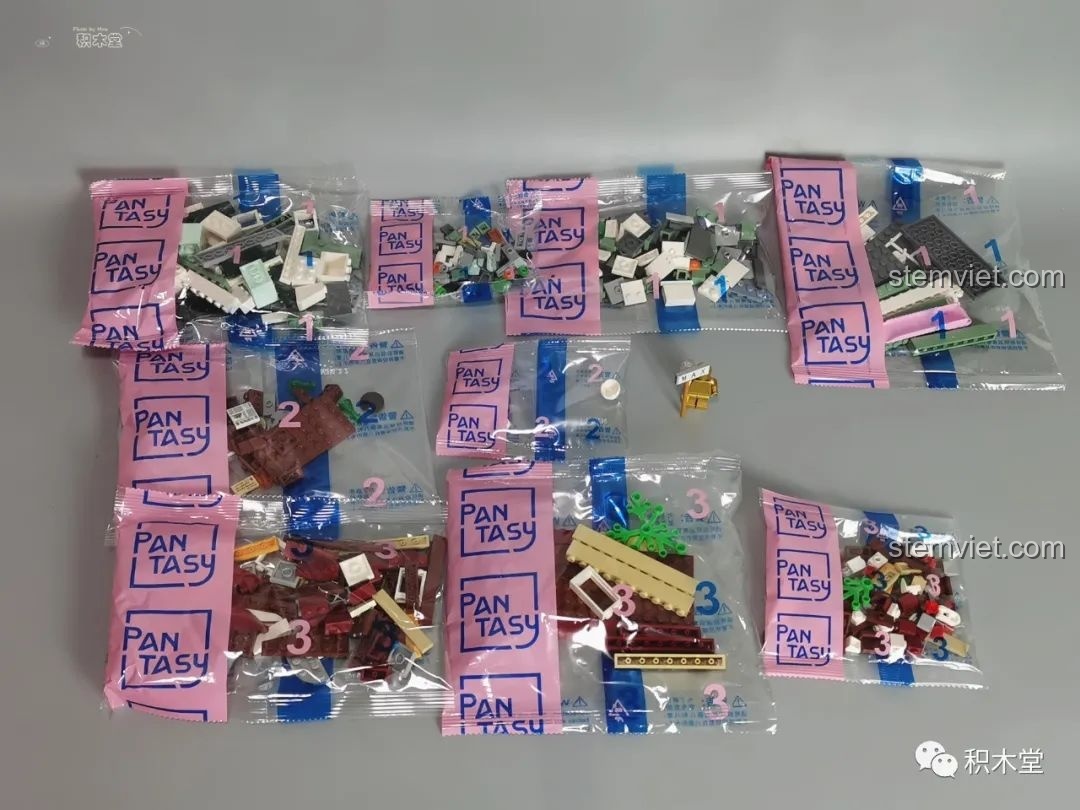 Các túi gạch nhỏ có logo Pantasy, đánh số thứ tự cho từng bước lắp ráp.