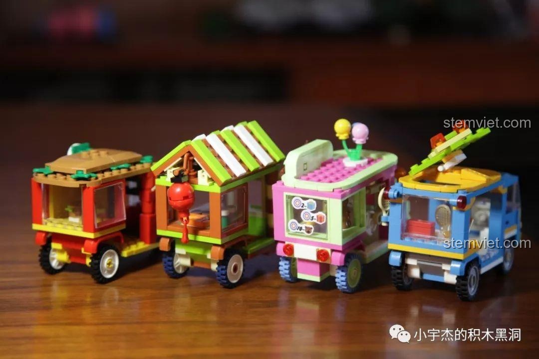 Góc nhìn từ phía sau của cả 4 mô hình Xe bán hàng rong mini Sembo, cho thấy sự chi tiết trong thiết kế.