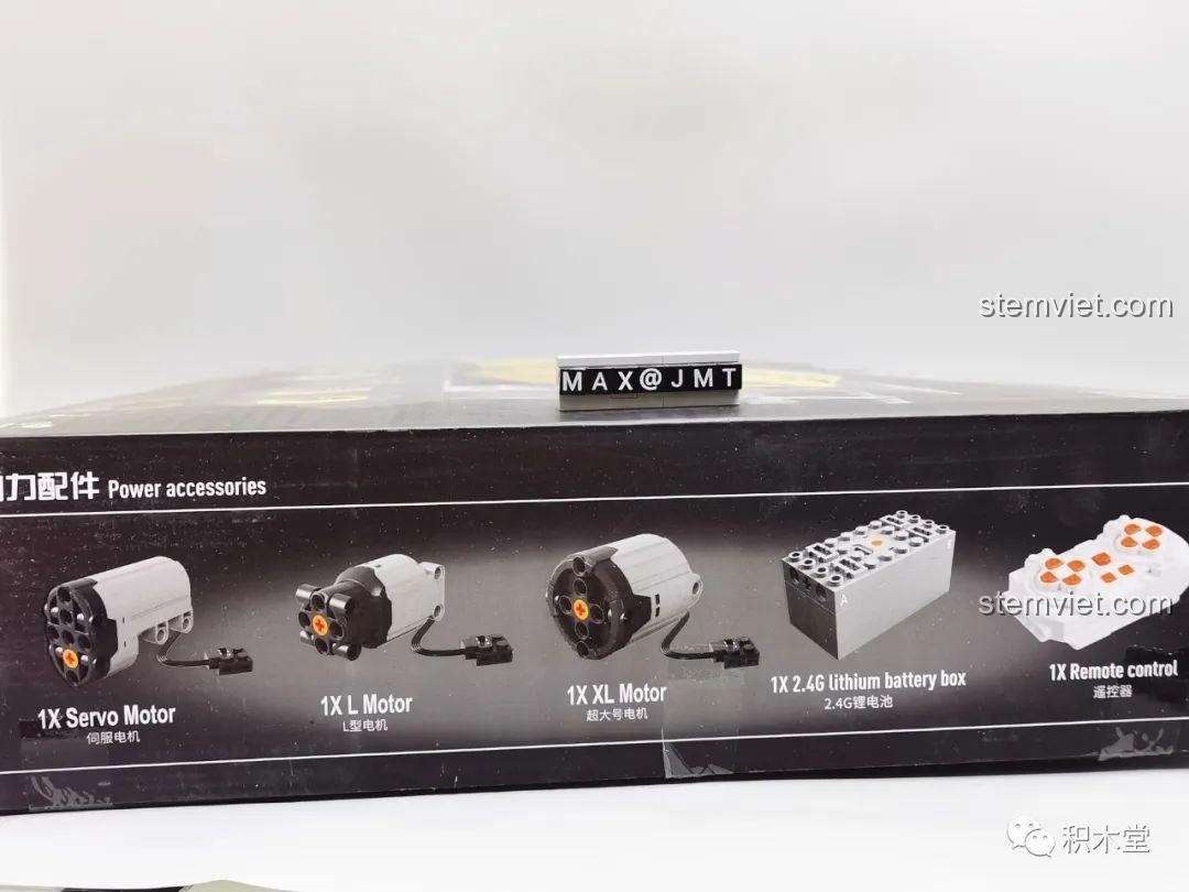 Các phụ kiện động cơ đi kèm bộ lắp ráp Xe Trộn Bê Tông Tycole T4005: L, XL, Servo motor, pin, điều khiển.