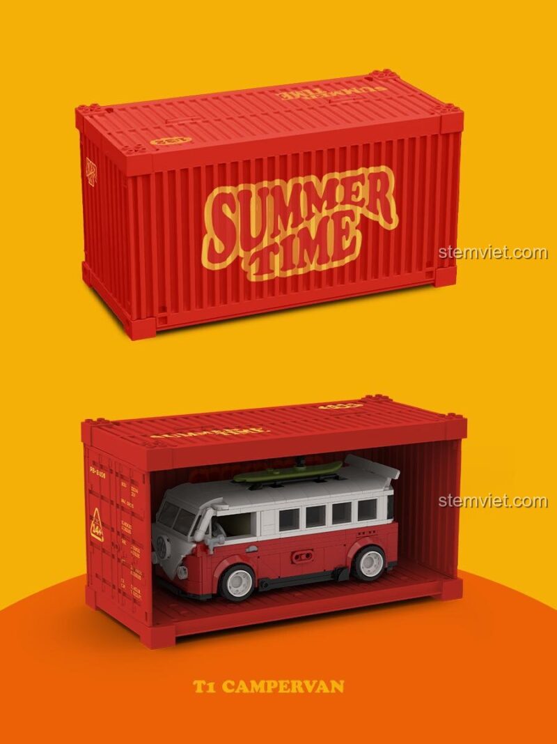 Bộ lắp ghép Xe Van T1 Pinbo PB8807 được trưng bày bên trong hộp container màu đỏ, thể hiện tính năng đặc biệt của sản phẩm