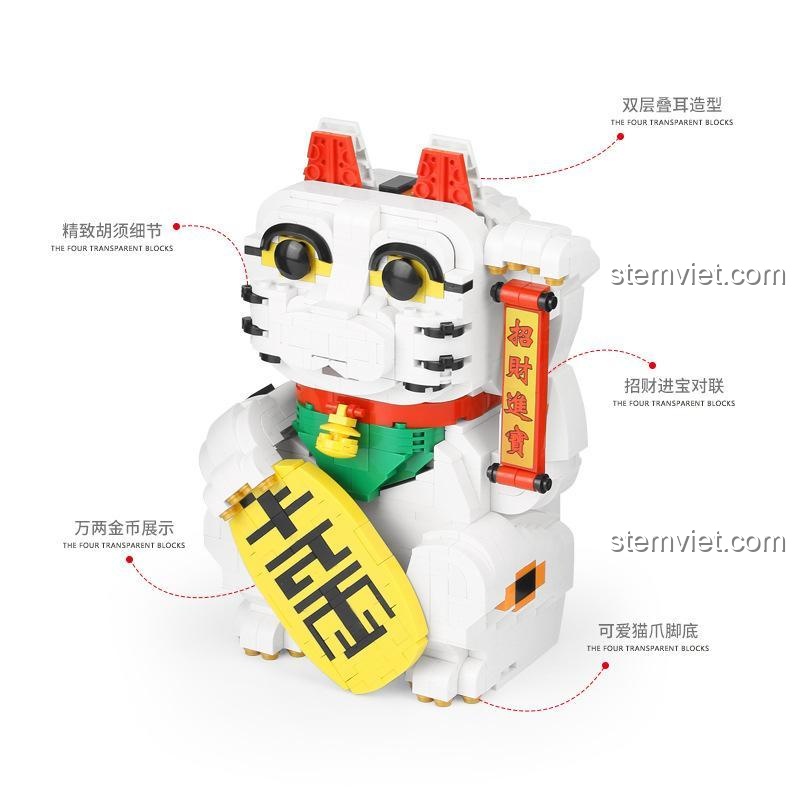 Chi tiết các bộ phận của đồ chơi mô hình Mèo vẫy tay 10002, làm nổi bật thiết kế tinh xảo, phù hợp cho cả bé trai và bé gái.