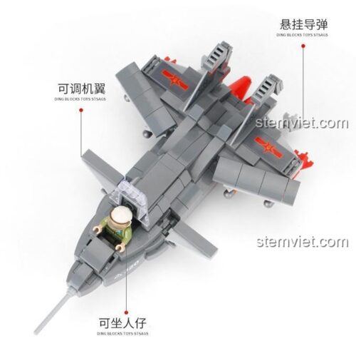 Đồ chơi mô hình tiêm kích tàng hình J-20 40012 với các tính năng như buồng lái mở, cánh điều chỉnh và tên lửa.