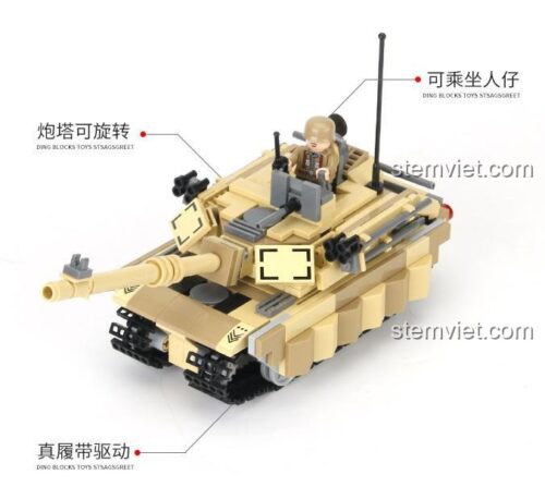 Bộ xếp hình xe tăng chủ lực M1A1 POGO 40013 với các tính năng nổi bật như tháp pháo xoay, xích di chuyển và chỗ cho minifigure.